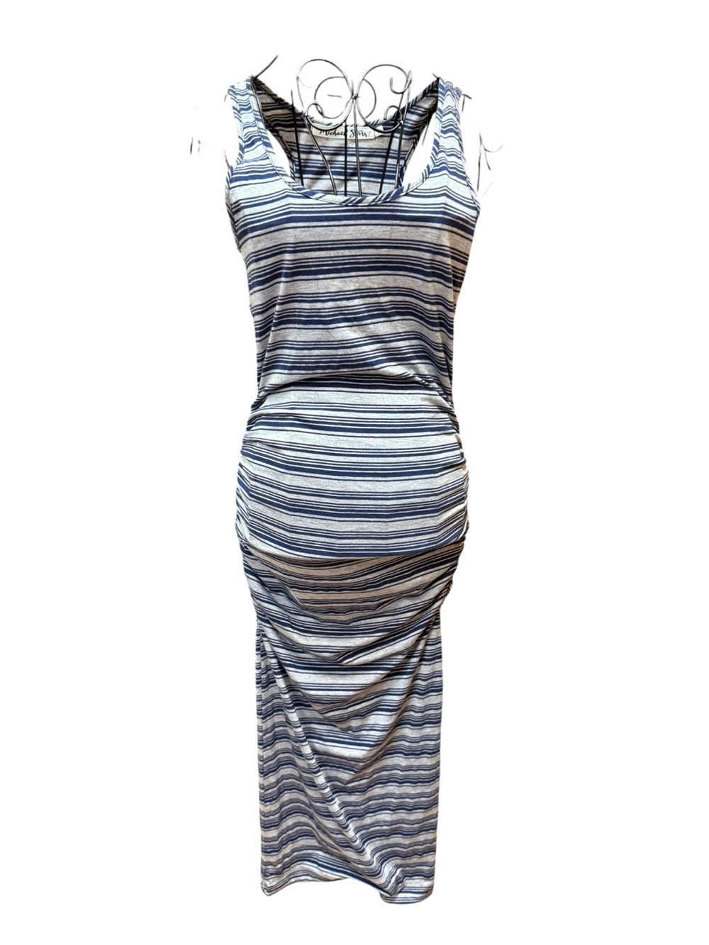 Michael Stars Sleeveless Blue & White Striped Ruched Bodycon Maxi Tank Dress